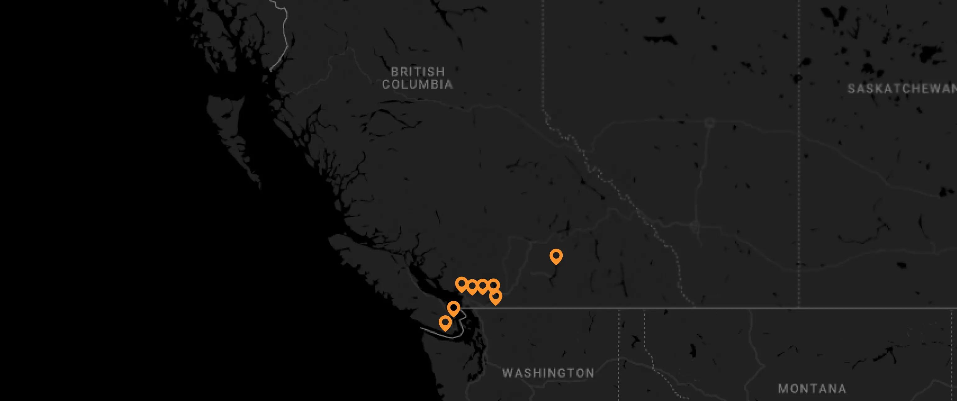 Map of British Columbia identifying Home Depot locations from Vancouver to Kelowna where Polaron Solar offers expert residential solar panel design and installation services as a certified partner.