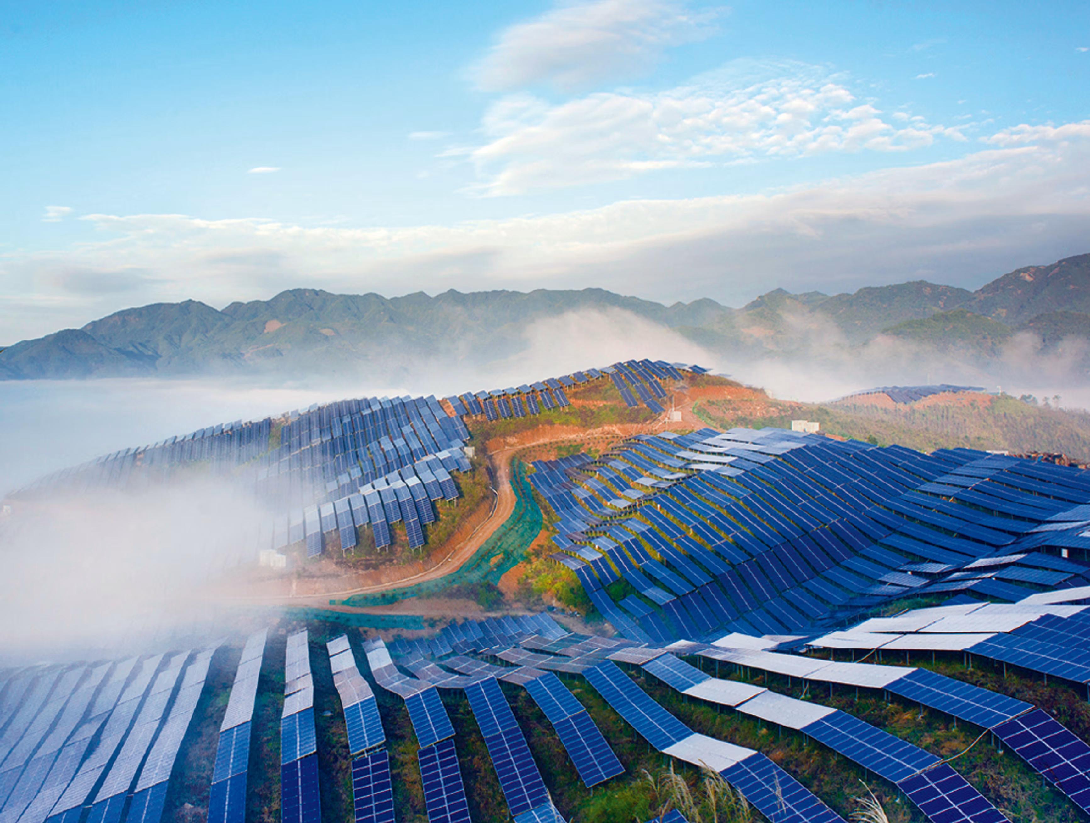 solar panels relaxing in the mist