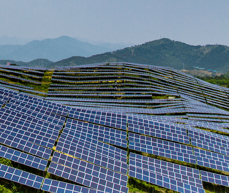 A huge amount of solar panels installed on a mountain.