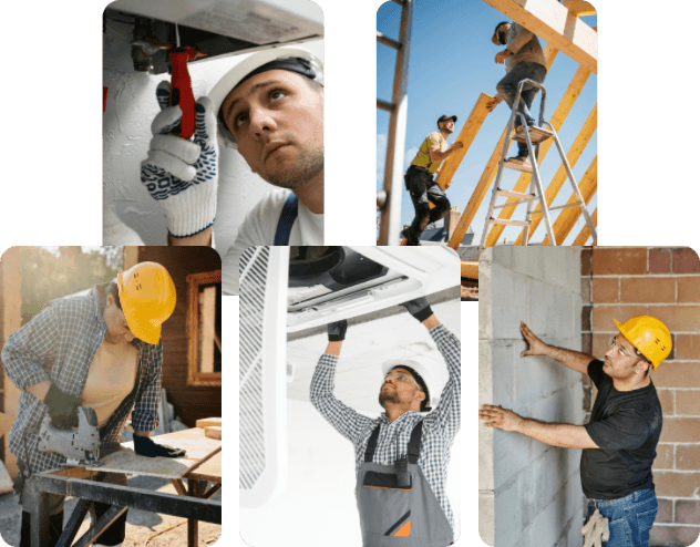Contractors, electricians and home renovation specialists are working on site.