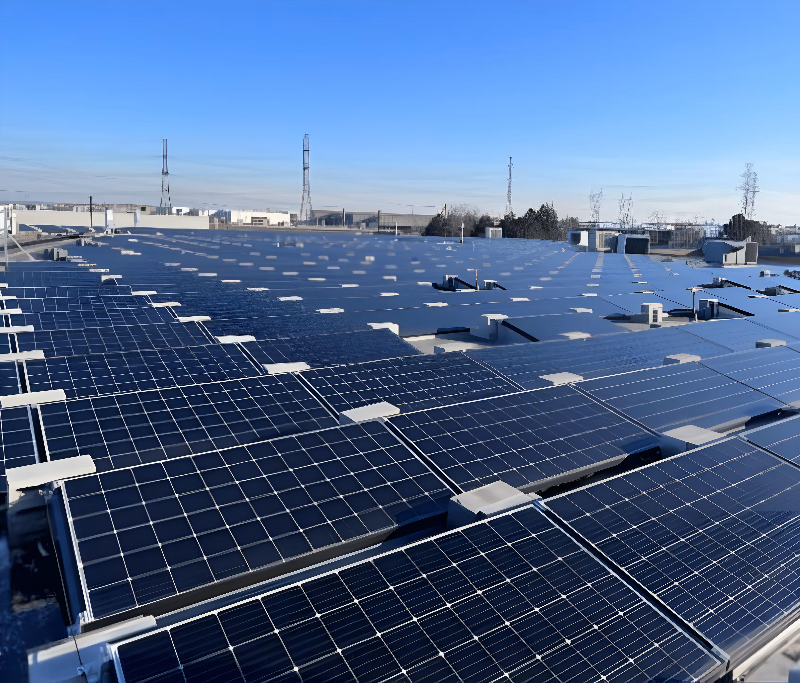 A solar energy project of a business built on the ground with a blue sky