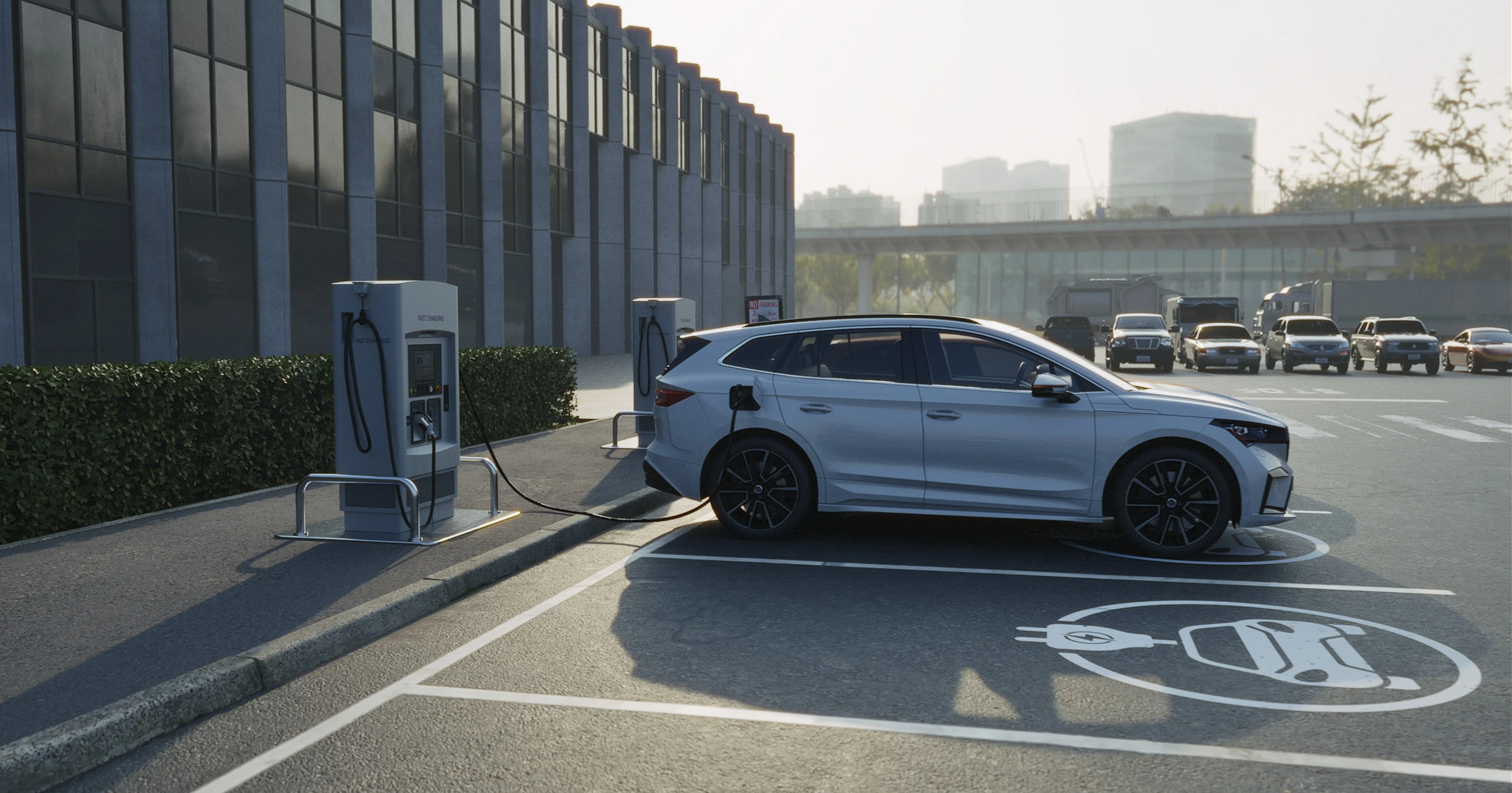 A commercial EV charging station with a car plugged in, symbolizing the future of electric mobility.