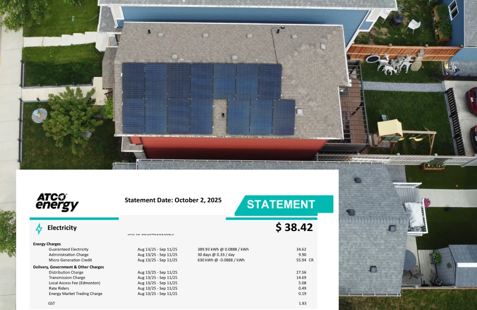 Aerial shot of an Alberta home equipped with solar panels, overlaid with a utility statement showing a low $38.42 balance, demonstrating real-world solar energy savings.